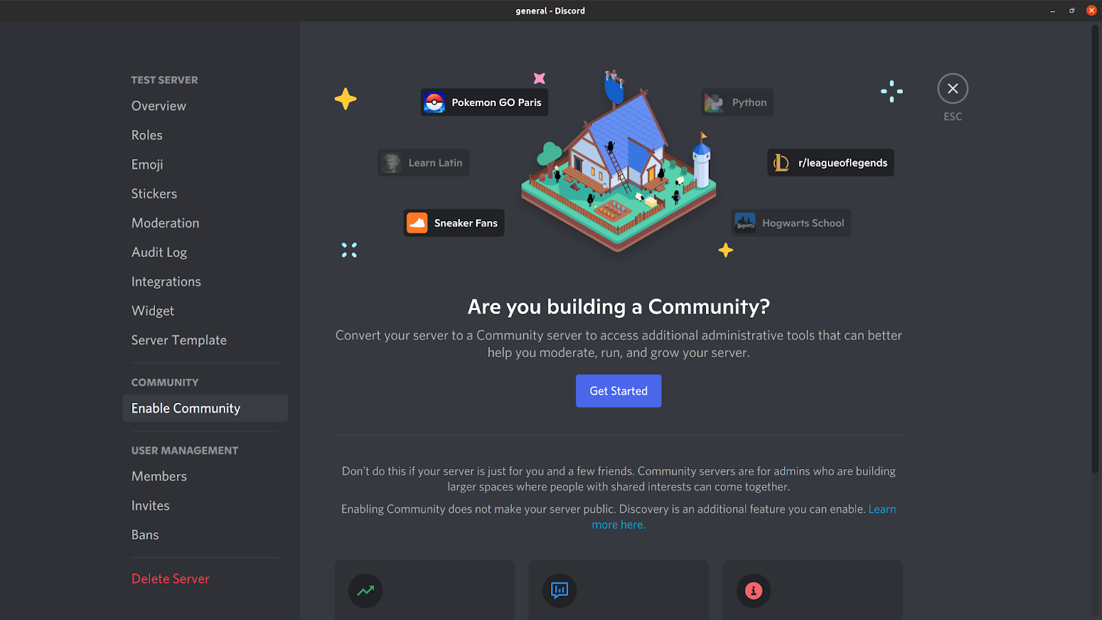 Converting a regular Discord server to a community server.
