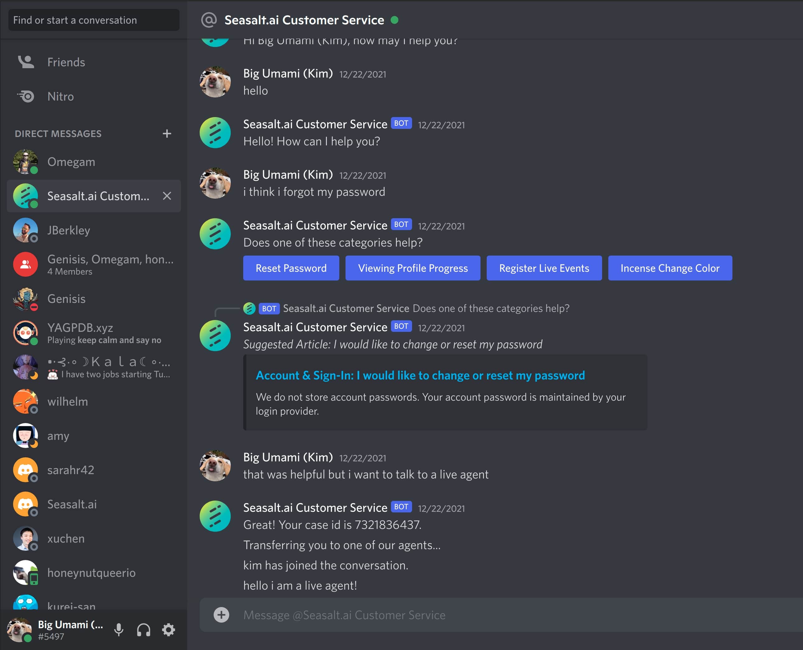 A direct message with customer service, featuring KB article suggestions, live agent transfer, and case management.